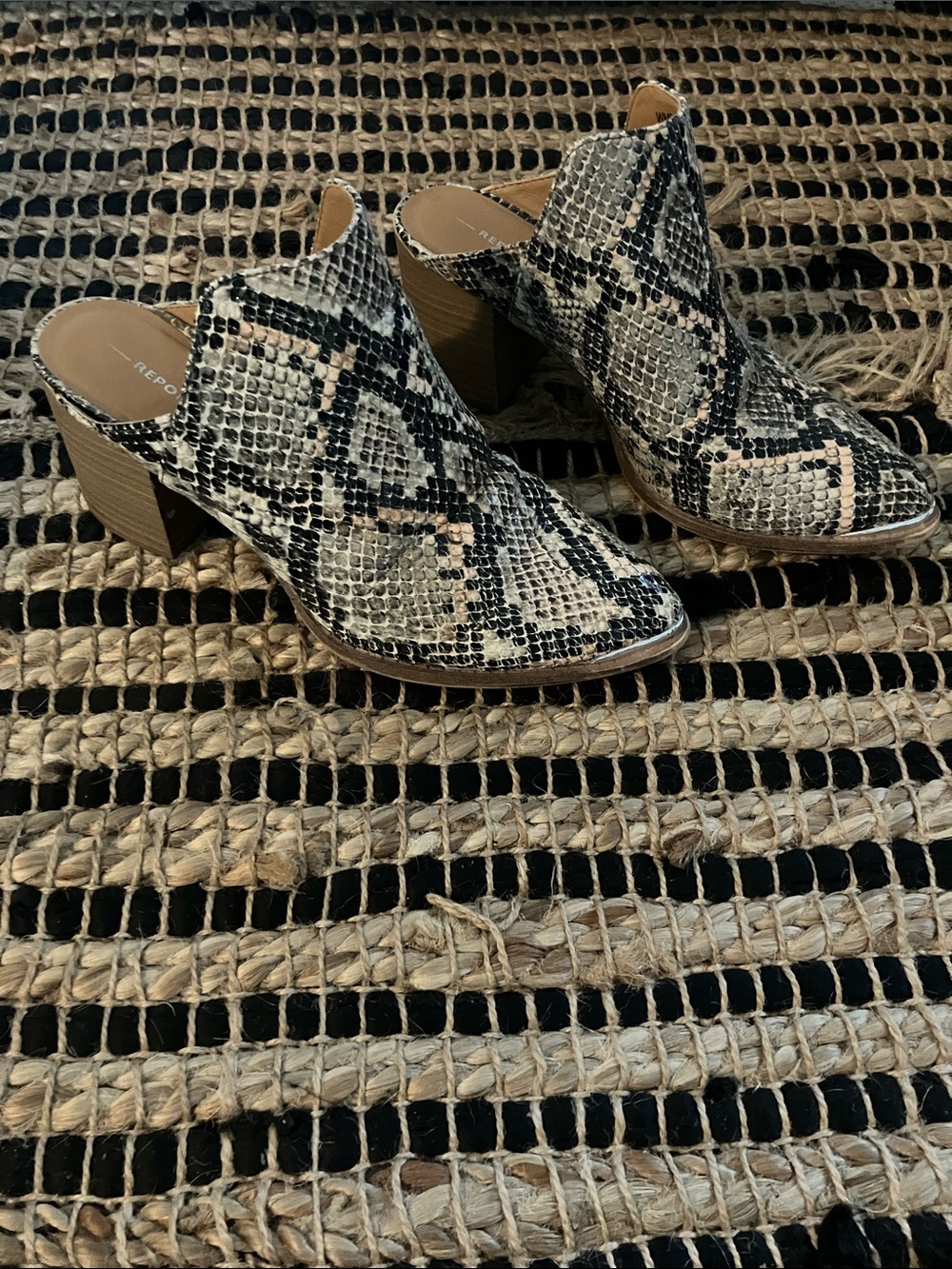 Report Snake-Print Pointed Toe Mule Booties in Black & Cream